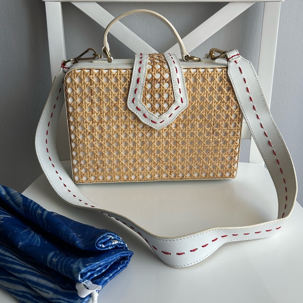 Mehry Mu Fey Large Leather Rattan Straw Box Bag w/ Long Shoulder Crossbody Strap - Picture 6 of 16